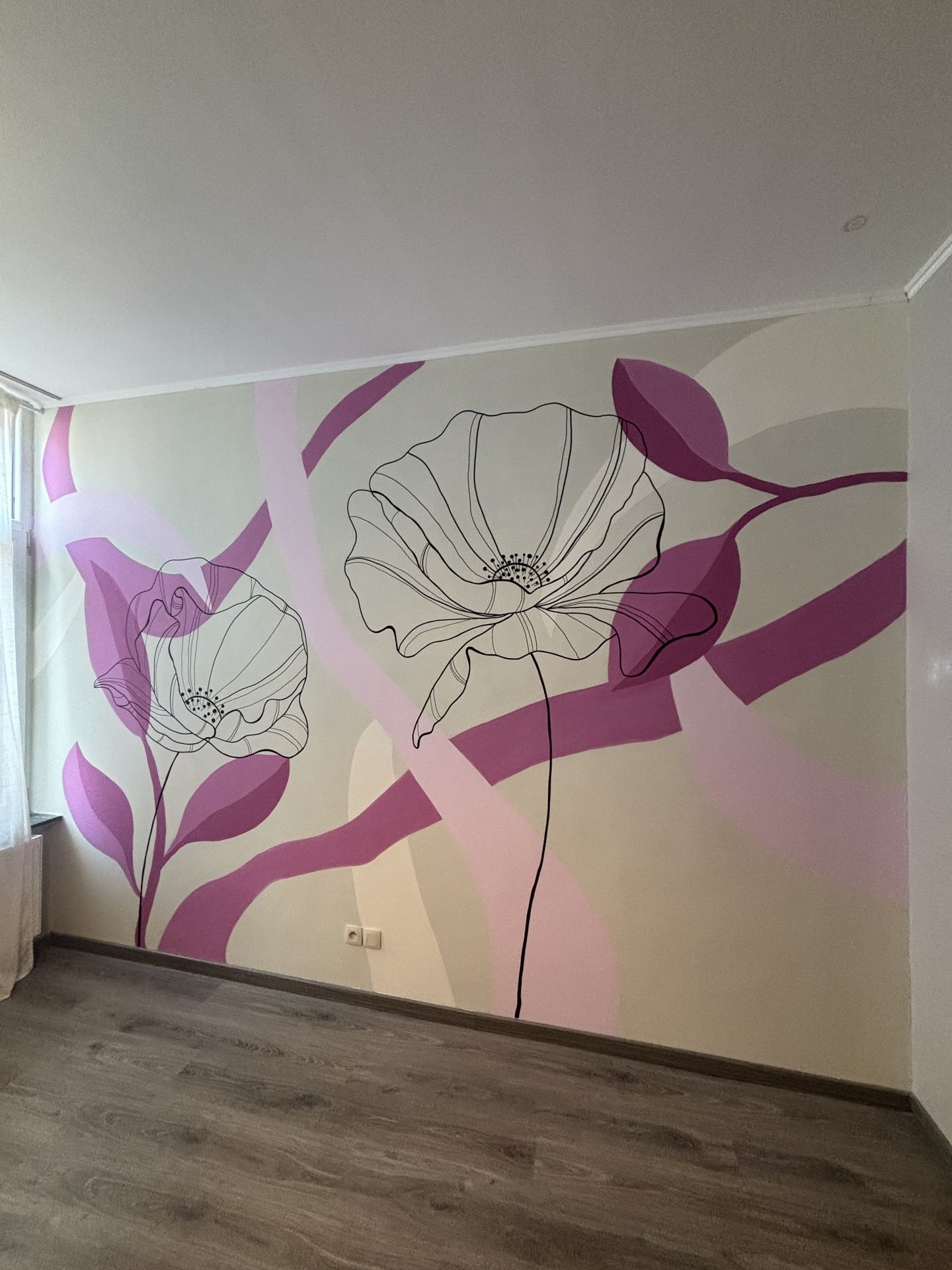 fresque murale chambre à coucher posca fleurs couleurs pastels douces, courbes, line-art